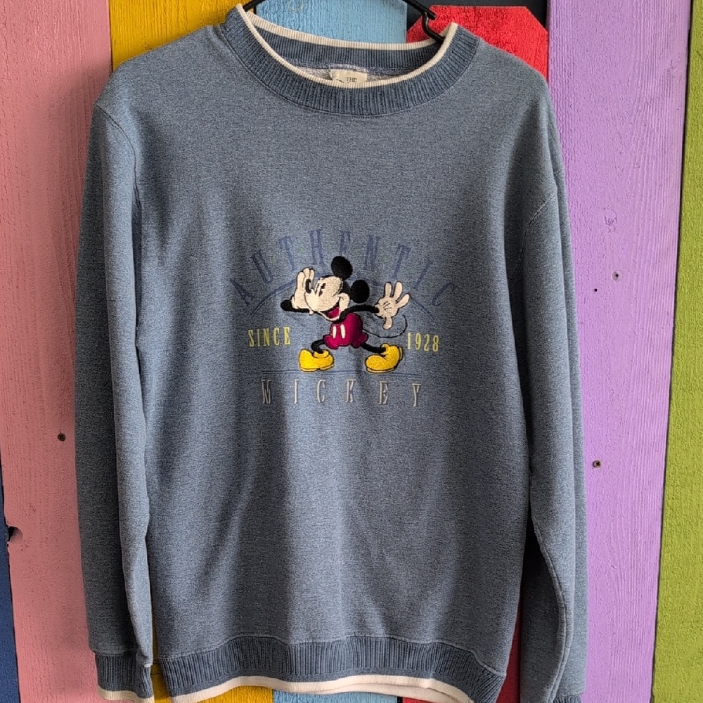 Vintage Disney Store Blue Crewneck Sweatshirt with Mickey Mouse Design